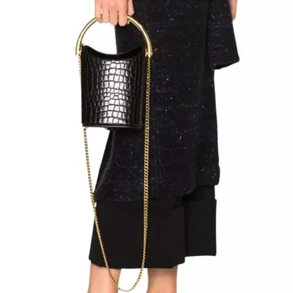 New Stella McCartney Black Croc Embossed Bucket Bag Gold Handle W/ Dust Bag - Picture 3 of 16